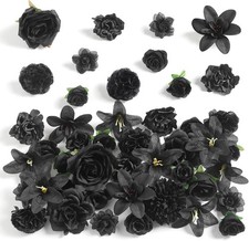 rongflower Fake Flower Heads for Crafts - Black Silk Artificial Roses, Peonies,