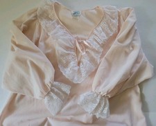 Vtg Long Nightgown Bed Breakfast USA Lace Ruffle Collar Cuffs Pink White Cottage