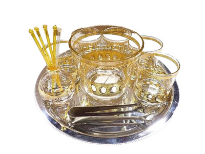 Vintage Culver glassware ''Antigua'' 22kt gld trim decanter, DOF, shot, Ice Bucket