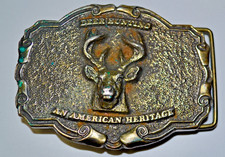 BRASS BELT BUCKLE "DEER HUNTING. AN AMERICAN HERITAGE"