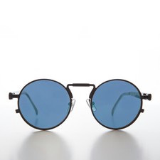 Round Black Metal Goth Steampunk Sunglass Blue Lens- Ivan