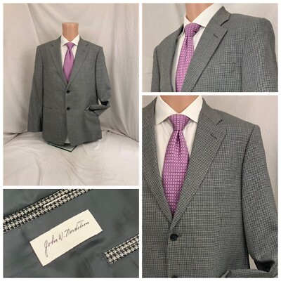 John W Nordstrom Blazer 42R Gray Blue Check Silk Wool 2B1V Mint YGI T2-116