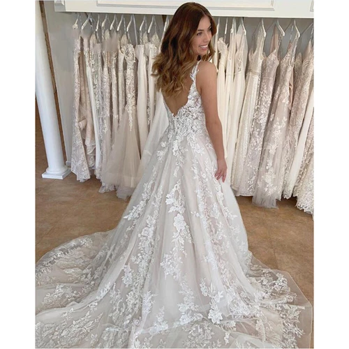 V Neck Beach Boho Wedding Dresses Lace Appliques A Line Sweep Train Bridal Gowns - Picture 3 of 7