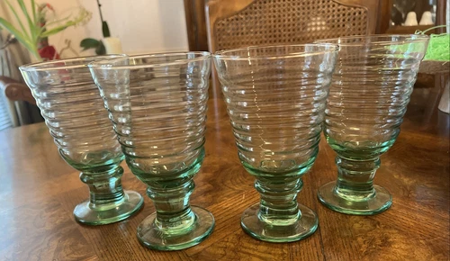 Set of 4 Vintage Anchor Hocking Green Ribbed Stemmed Tumbler Glasses  6.25” tall