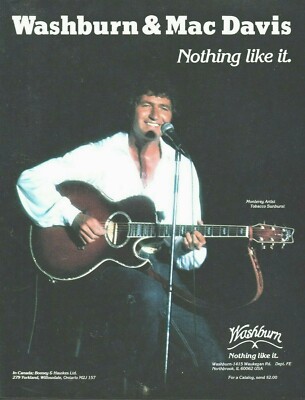 vtg 80s MAC DAVIS WASHBURN MAGAZINE AD Acoustic Guitar Monterey Artist Sunburst