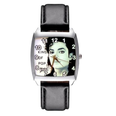 Michael Jackson King of Pop Square Face Quartz Black Leather Band Wrist  Watch
