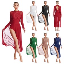 Womens Costume Long Sleeve Dresses Modern Dress Built-in Briefs Leotard Mesh