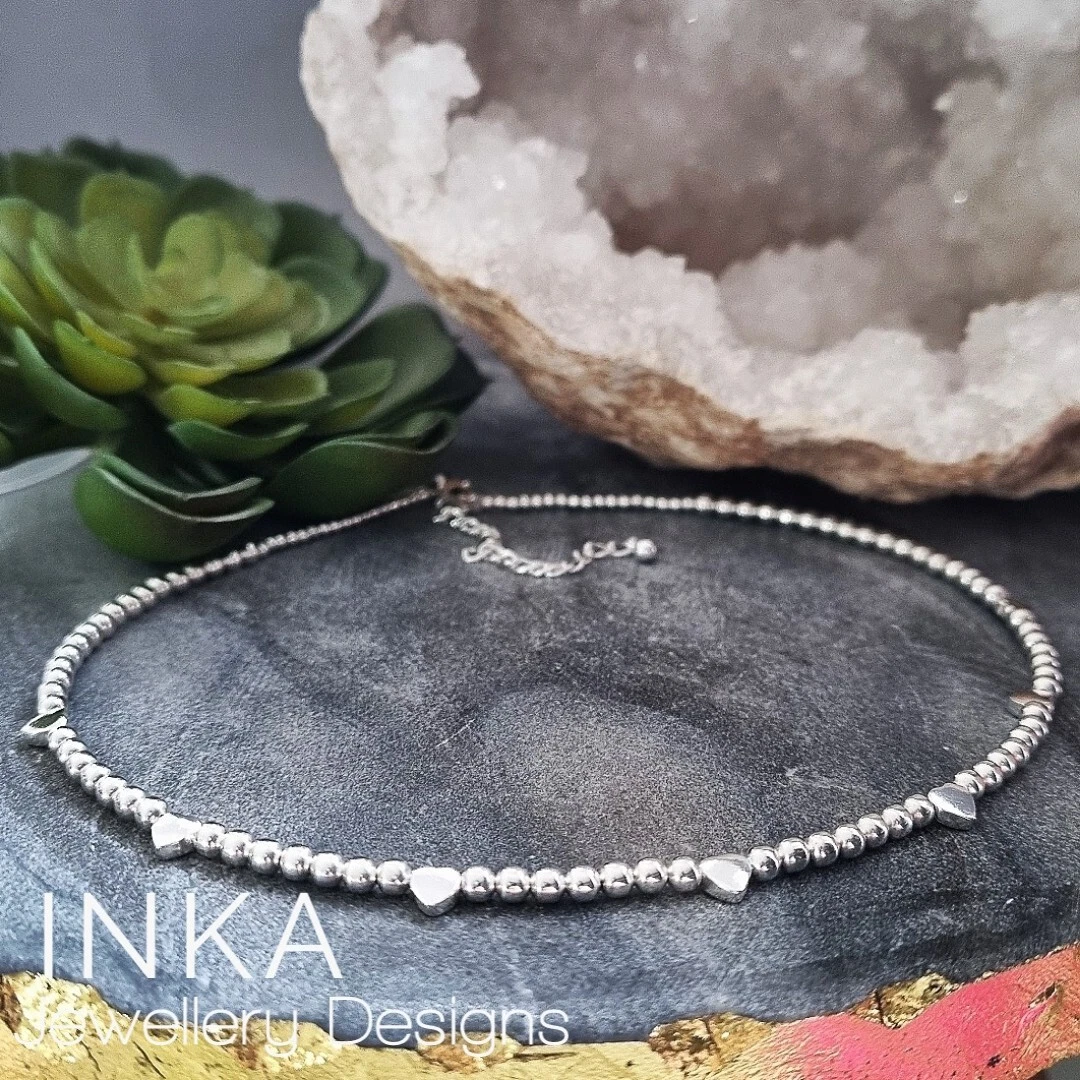 Inka 925 Sterling Silver Bead Handcrafted Heart Bead Choker Necklace