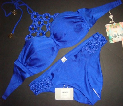 NWT Luli Fama L/M BIKINI Florcitas De Arena Crochet high-neck Electric Blue