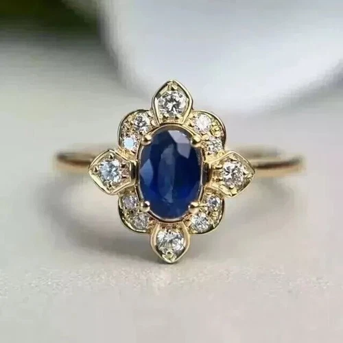 Art Deco Vintage Style Sapphire & Lab Created Diamond Wedding 14k Yellow Gold FN