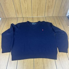 Polo Ralph Lauren Sweater XL Blue 100 Lambs Wool V-Neck Red Pony