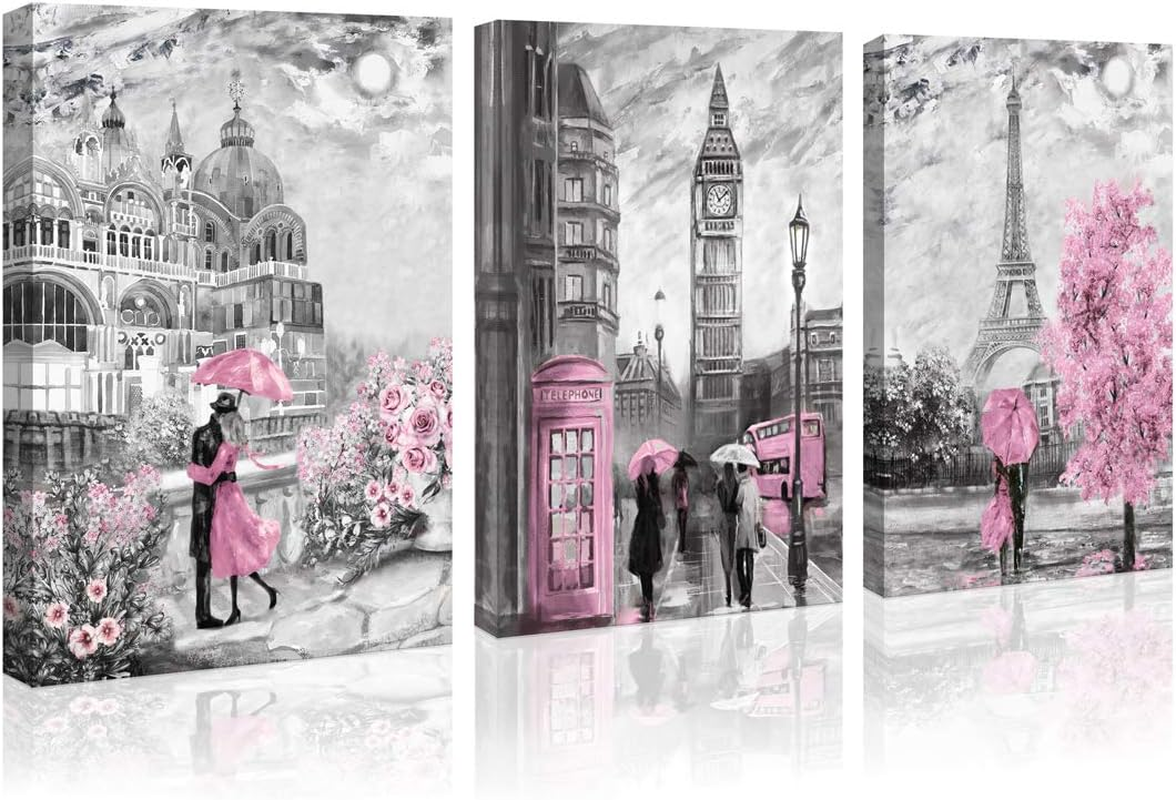 Paris Themed Pink Canvas Wall Art for Girls Bedroom & Living Room Decor
