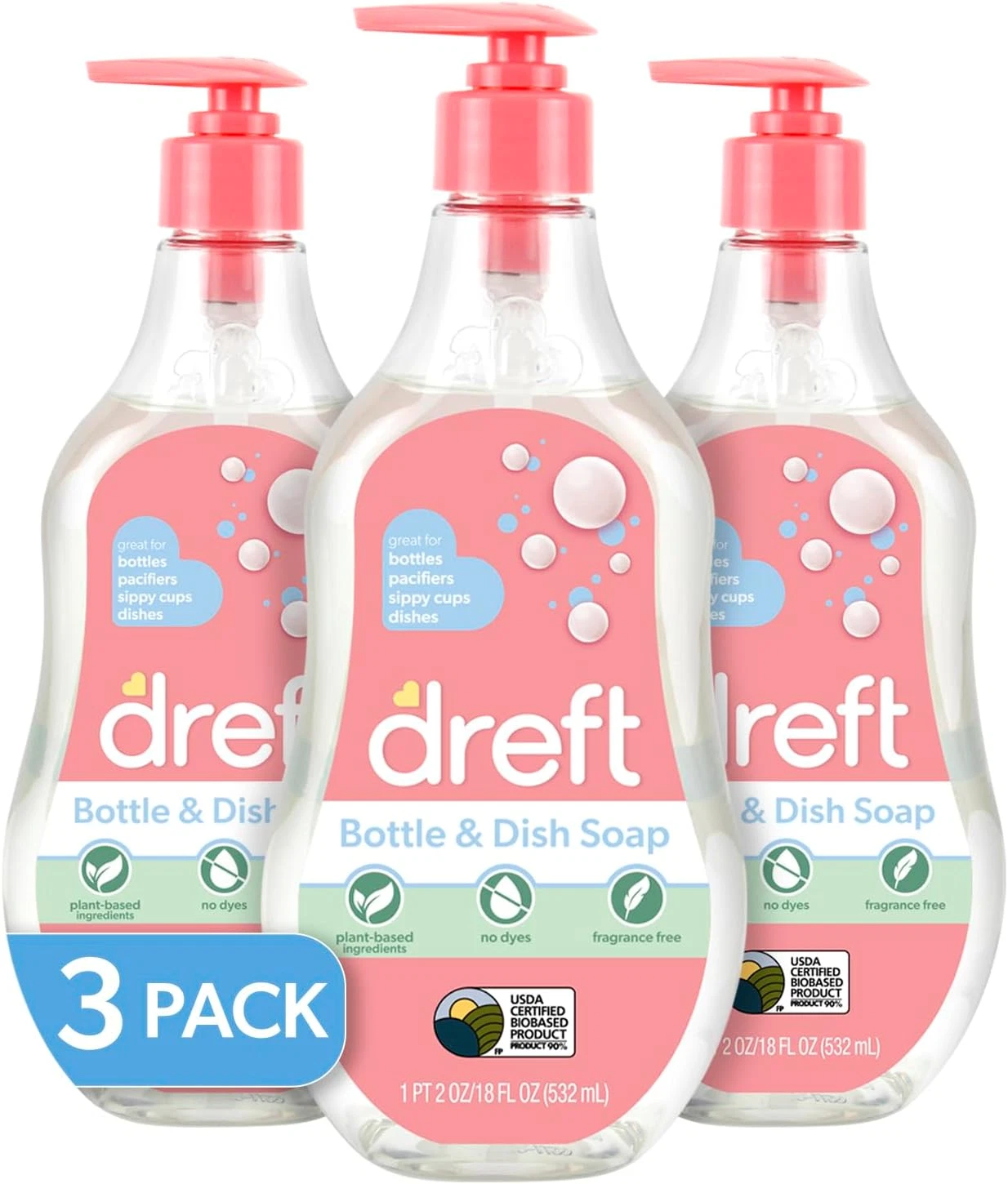 DREFT Bottle and Dish Soap, Fragrance-Free, 18 Fl Oz (Pack of 3), Plant-Based fo