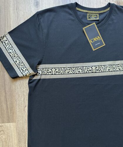 Casa Moda Men”s T-shirt Black Gold luxury, Pattern Short Sleeves Size M - Picture 3 of 5