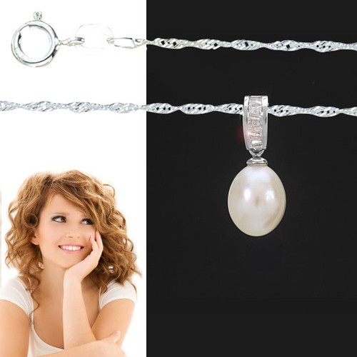 Frauen Süßwasser Zucht Perle Anhänger mit Singapur Kette 45 cm Echt Silber 925 - Bild 1 von 3