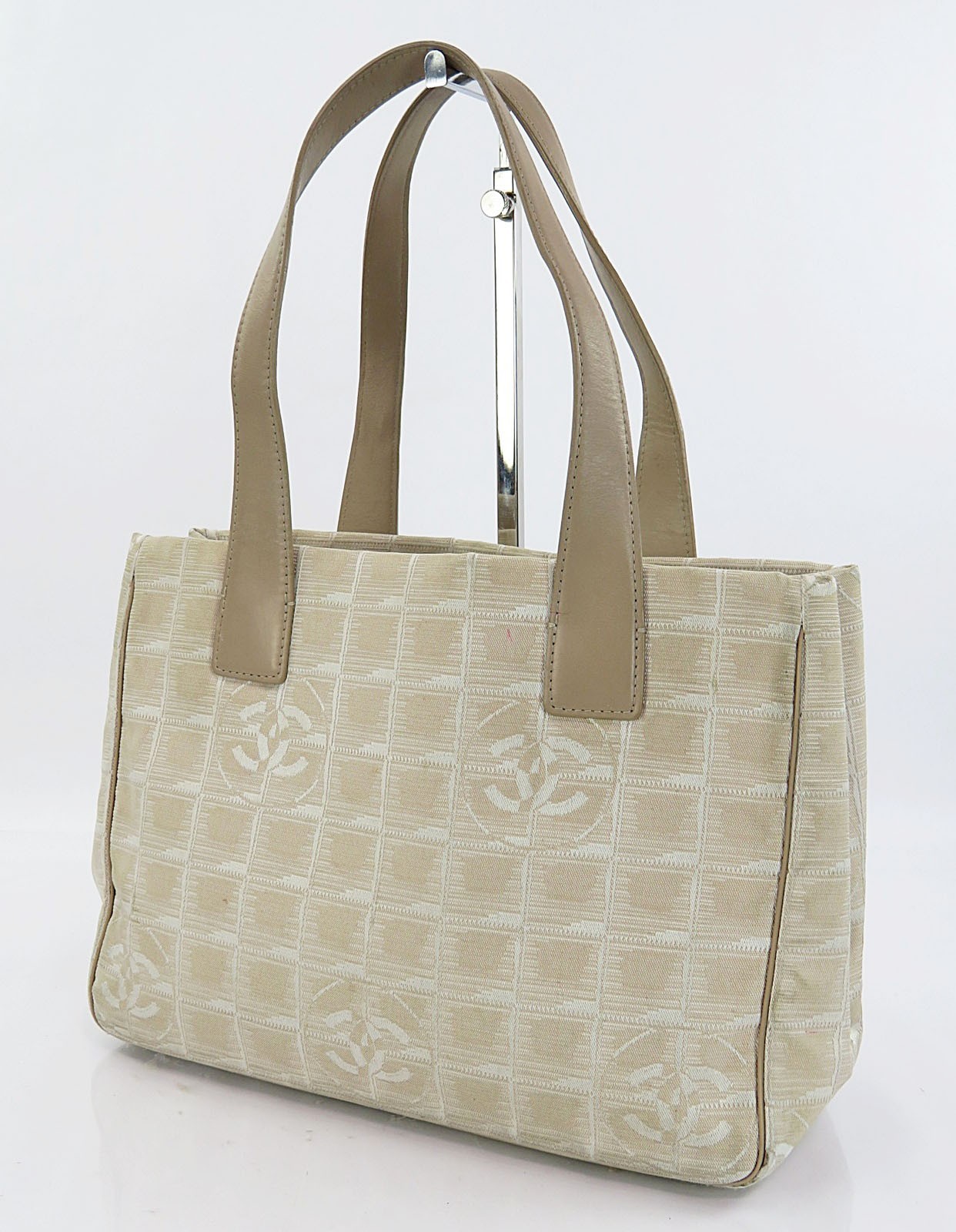 CHANEL Beige Nylon & Leather Travel Tote Bag Purse #61361 Authentic