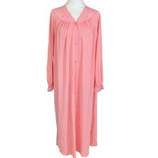 Vintage Shadowline Button-Front Full Length Robe Pink Lace Bodice  Trim Medium
