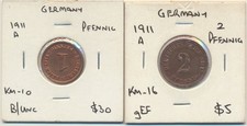 Germany: 1911-A Pfennig & 2 Pfennig KM-10, 16 Nice Grade (2 Coins)
