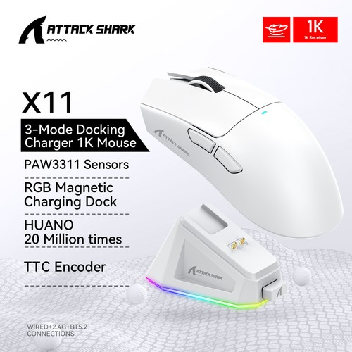 Souris -Attack Shark X11 gaming Tri-Mode, 22000 DPI, PAW3311, RGB, PC - Afbeelding 8 van 13