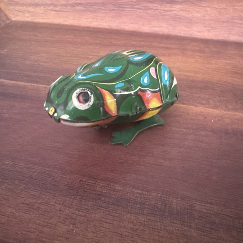 VTG Tin Litho Clockwork Wind-Up Jumping Frog Toy Hopping WORKING 3" Mid Century