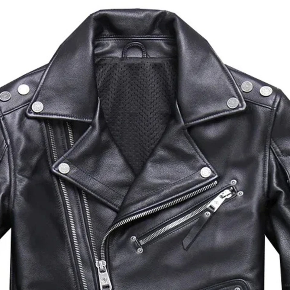 Men's Black Motorcycle Leather Jacket Classic Biker Style Real Leather Wear - Image 4 of 4