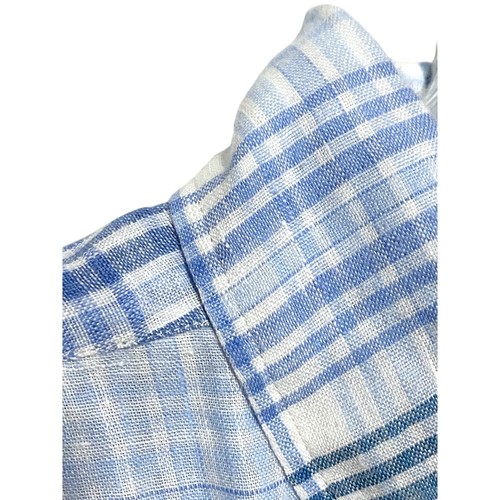 J McLaughlin Linen Button Down Blue White Plaid Shirt Mens Large Front Pocket - Picture 3 of 7