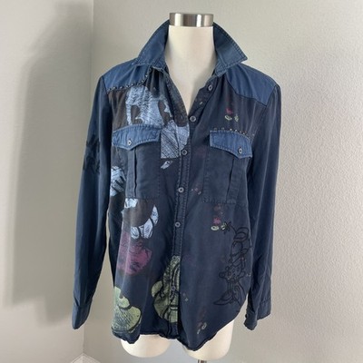 Desigual Disney Shirt Womens XL Blue Mickey Mouse Minnie Mouse Studded Button Up