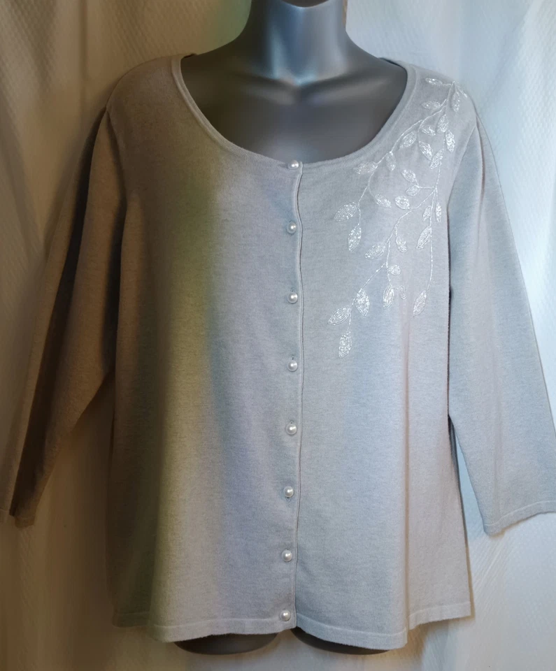 Cárdigan Peter Nygard Cuentas Gris Perla Botones Manga Larga Boho Cottage Talla XL Foto 3 de 4