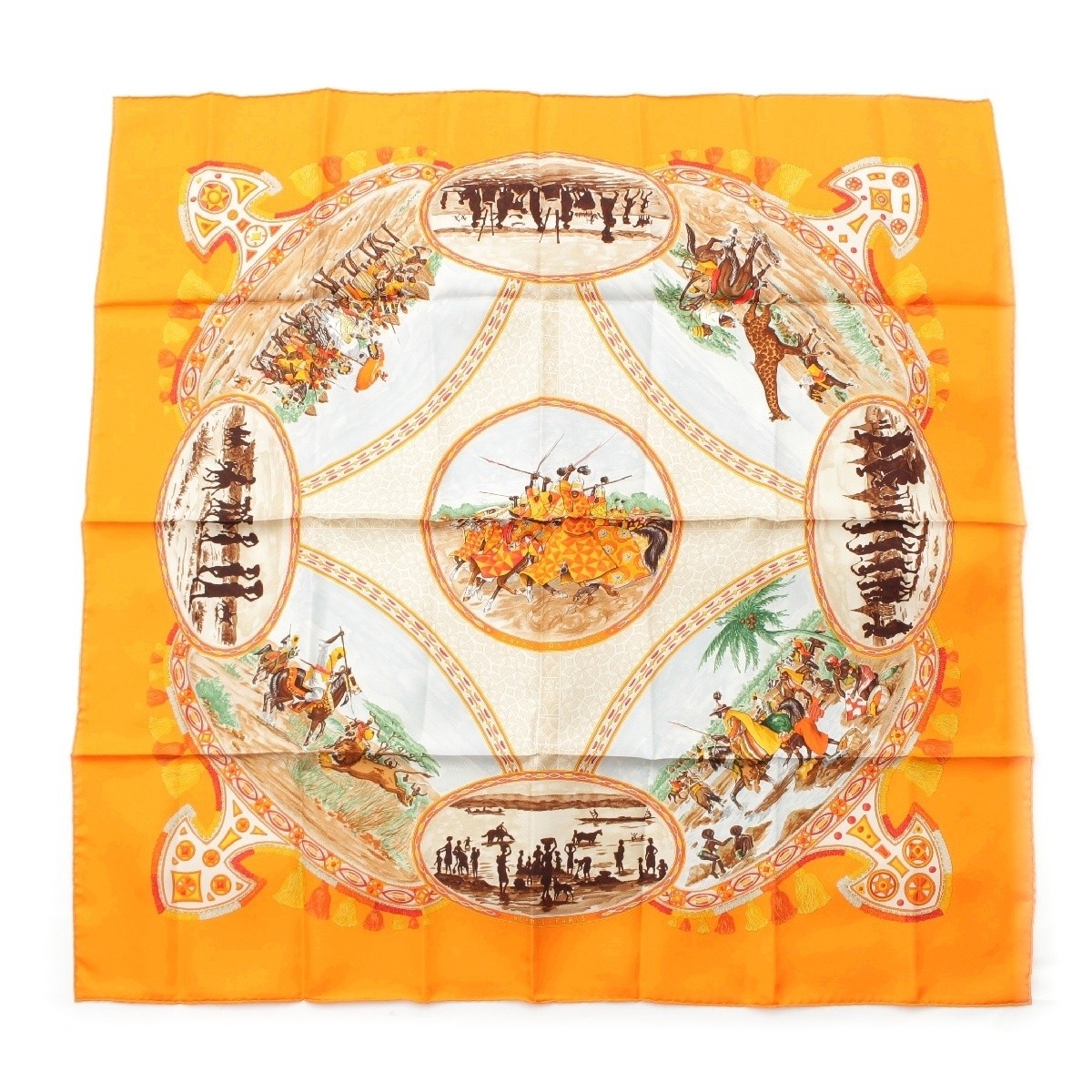 HERMES Carr 90 CAVALIERS PEULS Orange Silk Scarf Preowned