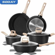 SODAY 12-Piece Nonstick Granite Pots & Pans Set Black — Skillets, Saucepan, Lids