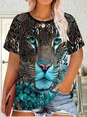 PLUS SIZE 18 20 22 24 26 BLACK BLUE LEOPARD PANTHER TOP BLOUSE T SHIRT STRETCHY