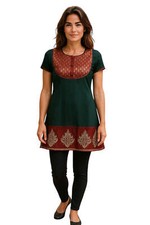 Women Dark Green Short Sleeves with Burgundy and Gold tunic Kurti, .