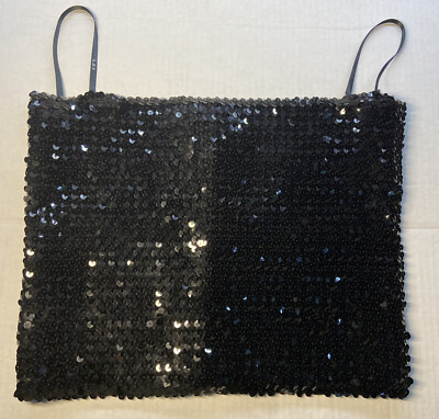 Vintage ABS  Allen Schwartz Black Sequined Large Tube Top W/Spaghetti Straps 