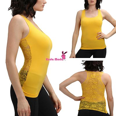 Hot Racer Back Tank Top w/Back Rose Floral Lace Cami Shirt Slimming Mesh T-Shirt