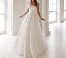 Simple One Shoulder Wedding Dresses Pleat with Bow Satin A-Line Bridal Gowns