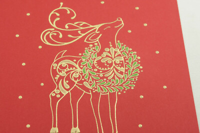 (50) ~5x8'' Red Reindeer Wreath Gold Snow Holiday Card - Flat Blank - NEW Bulk