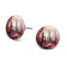 New York City Big Apple Art Collage Novelty Silver Plated Stud Earrings