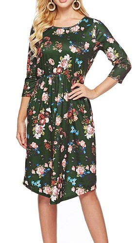 ZJCT Womens Dresses 3/4 Sleeve Round Neck Floral Casual Swing Midi Dress... - Picture 4 of 6