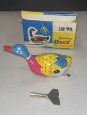 Vintage Clockwork Tin Litho Wind-up Swimming Duck Toy Box  Key  