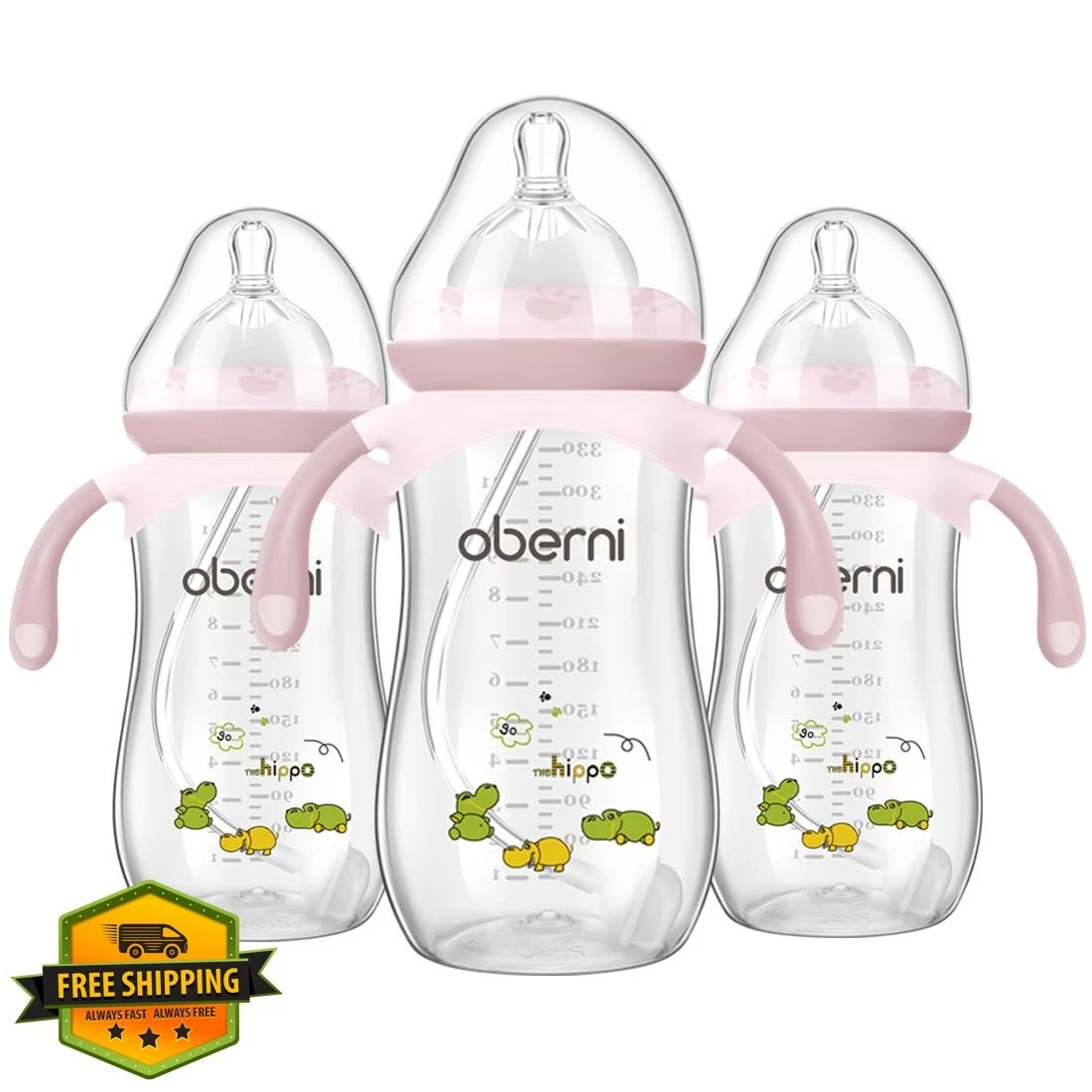 Oberni Baby Bottle 3 Pack Pink Straw + Teat
