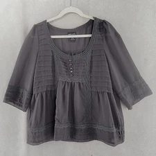 Wet Seal Shirt Womens Large Gray Pleated Lace Edged Couqette Tunic Fairy Peasant
