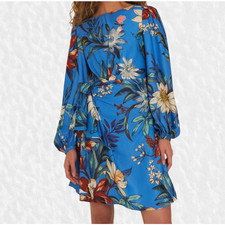 Farm Rio Mini Dress Blue Surreal Flower Wrap Style, NWT Floral sz M