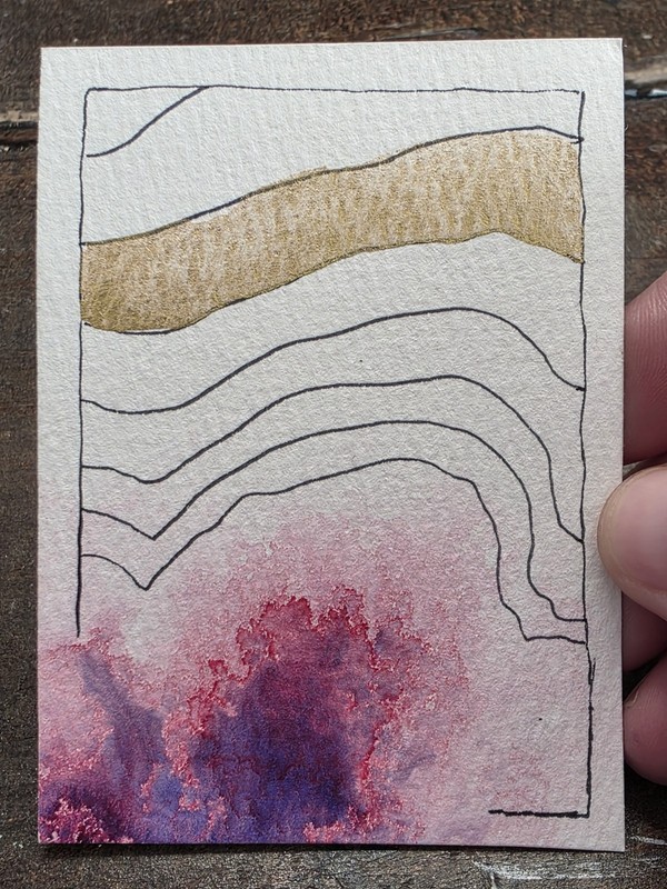 ACEO Original Art Card Hand-painted Watercolor, Abstract Floral Bloom, Gold