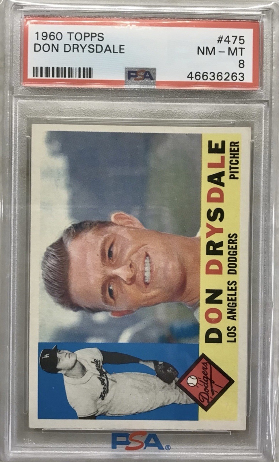 1960 Topps # 475 Don Drysdale PSA 8 Los Angeles Dodgers