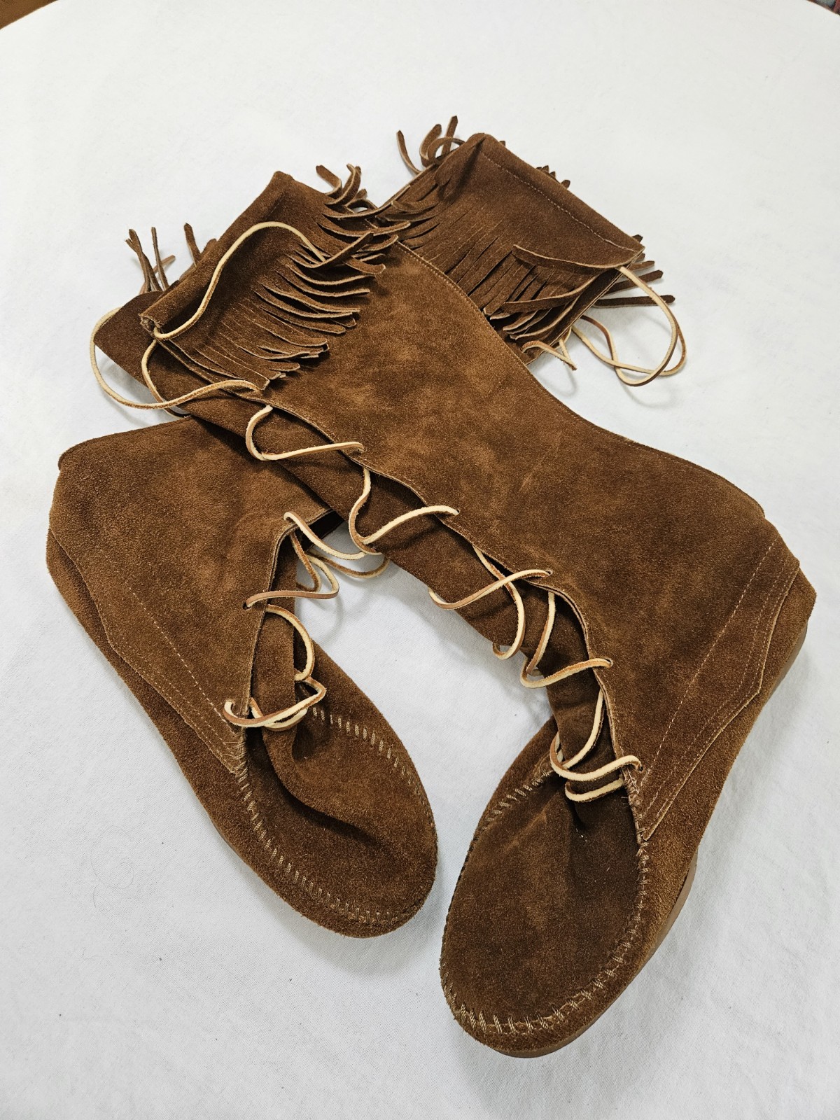 Minnetonka Fringe Lace Up Knee High Moccasin Boots Brown Tan Suede Boho Western