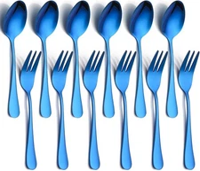12 PCS Spoon and Fork Silverware Set, Blue Silverware Cutlery Set, Food Grade St