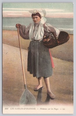 Vintage Les Sables-d'Olonne French Fisherwoman Beach Postcard