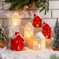 6 Pcs Ceramic Christmas Village Houses LED Lighted Christmas Village Sets for...