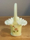 Fenton Satin Custard Glass Basket hand-painted signed flowers ruffled edge 7.5"