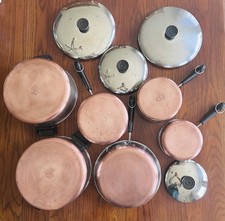Vintage Revere Ware Copper Bottom 10 Pc Cookware Set Pots Pans w Lids USA